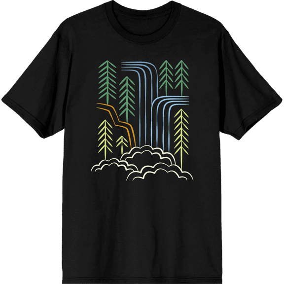 Adventure Society Waterfalls & Pine Trees Crew Neck Short Sleeve Adult T-shirt-Medium-Black
