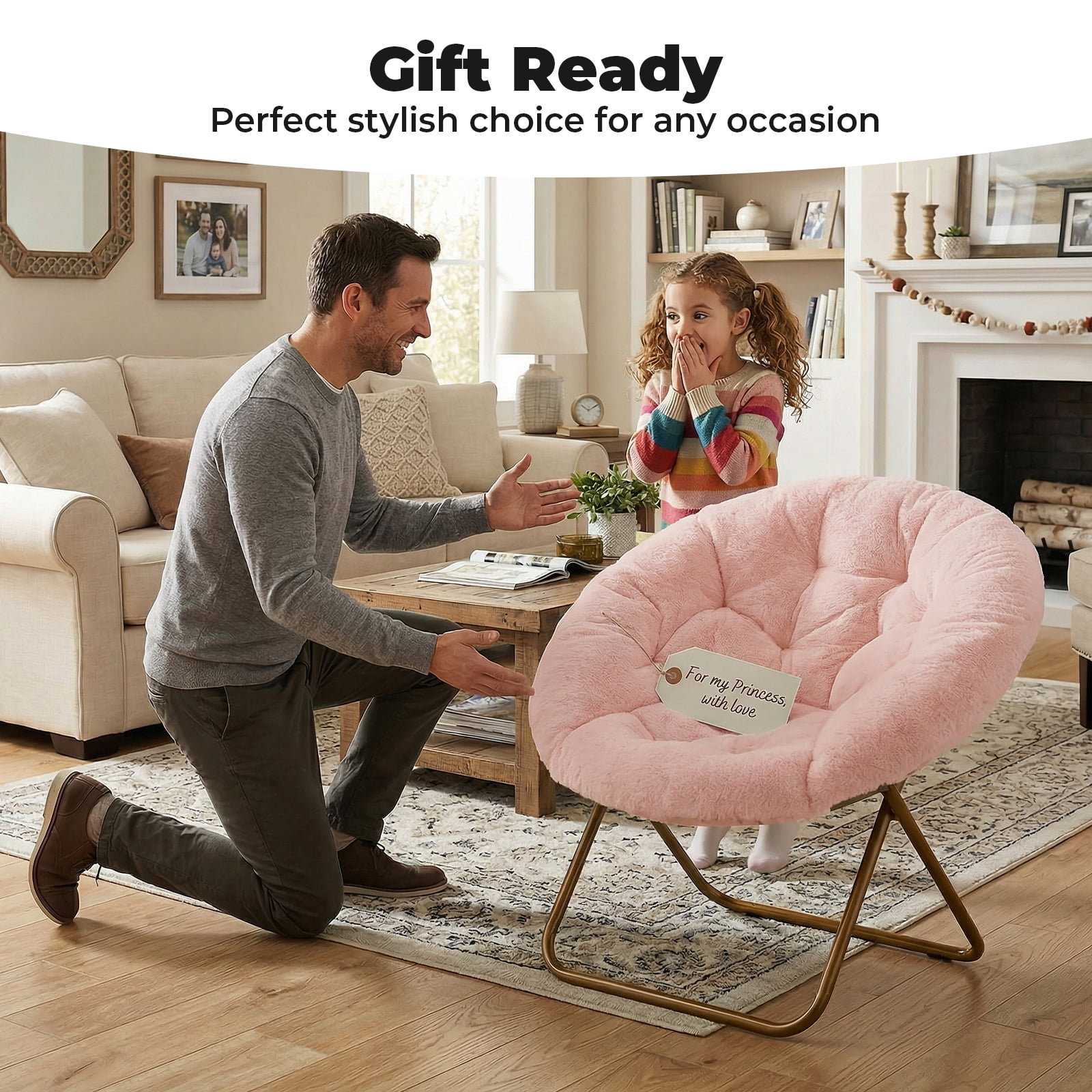 Alvantor Faux Fur Saucer Chair - Elegant Folding Disc Chair for Living Room & Bedroom, Gray/White/Pink