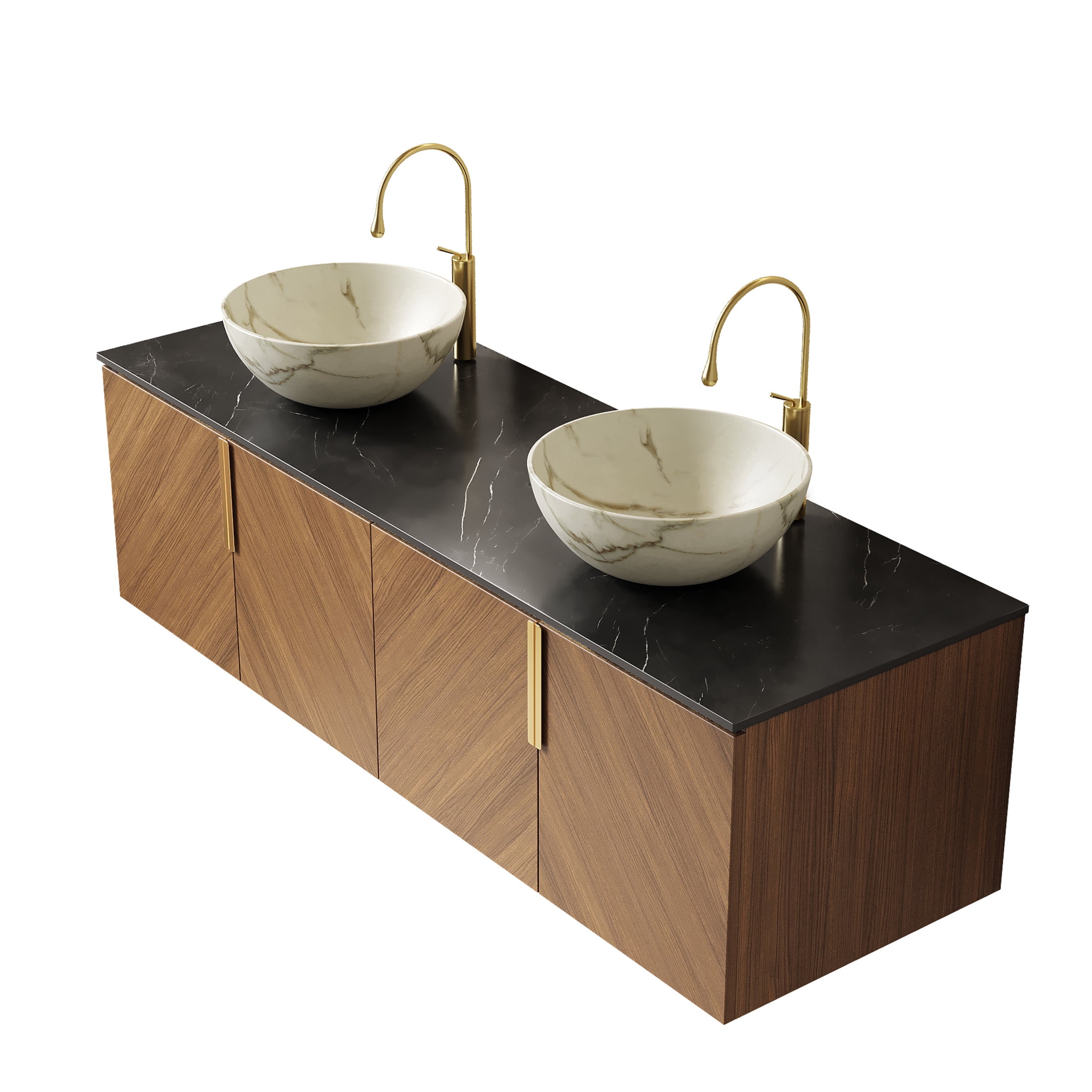 Noble House ARAI 60" Floating Double Bathroom Vanity, Sintered Stone Top Cabinet with Dual White Bowl Sink, Oak