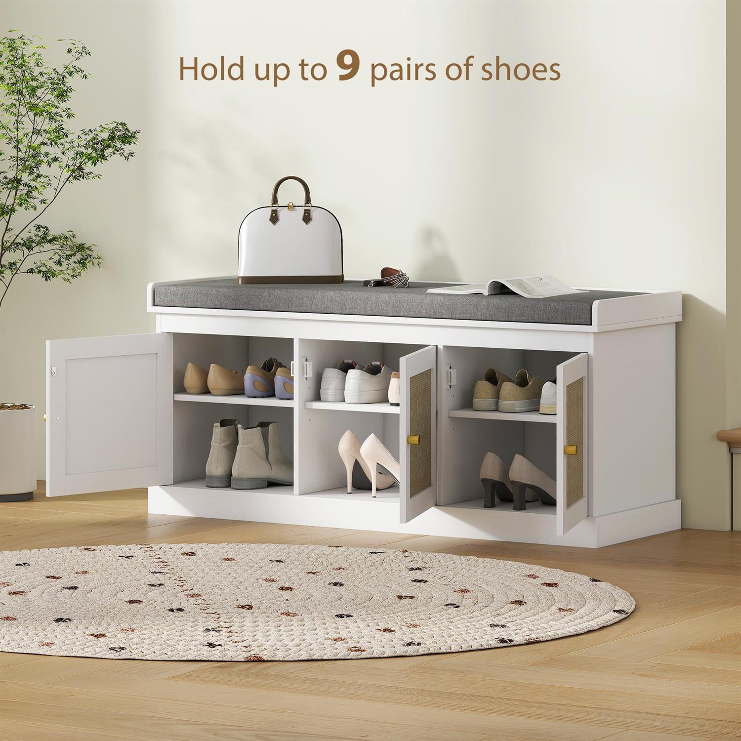 Demi Bonn 41" Shoe Storage Bench with Rattan Design , Adjustable Shelves & Cushion Comfort, Entryway Organizer for Home Decorators, White