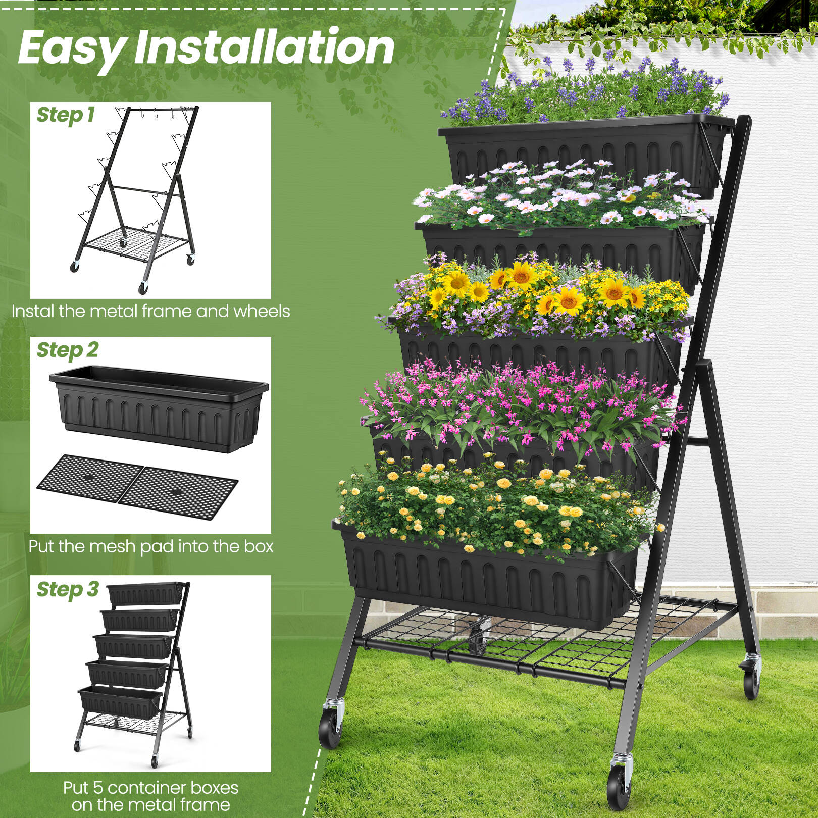 Funcid 4 ft Vertical Garden with Removable Locking Wheels 5-Tier Raised ...