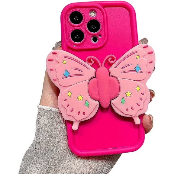 Designed for iIPhone Case,Cute Silicone with Kickstand Butterfly Camera Lens Protection Shockproof Cover Phone Case (iPhone 13 Pro,Red)