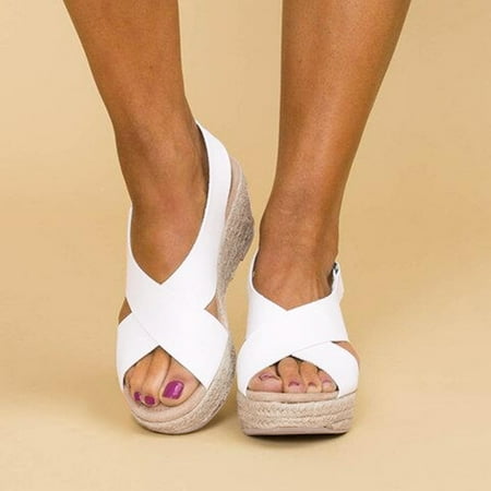

Women Shoes Sandals Open Breathable Toe Shoes Buckle Summer Women s Beach Strap Wedges Weave Women s Sandals White 8