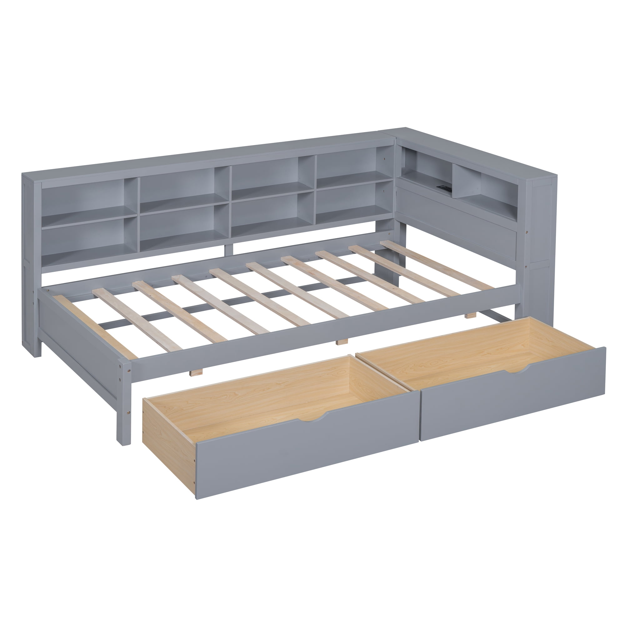 Mintazer Twin Daybed with Storage Headboard & Charging Station, 2 Drawers & Shelves for Kids Bedroom, Grey