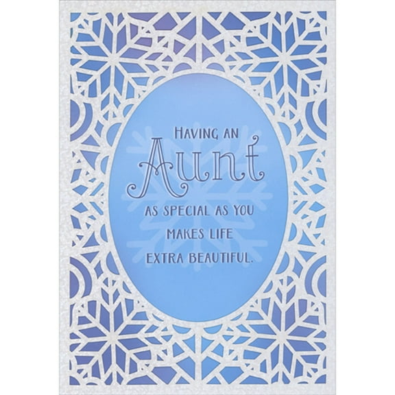 Designer Greetings Intricate Laser Cut Snowflake Border on White Panel Over Blue Christmas Card for Aunt