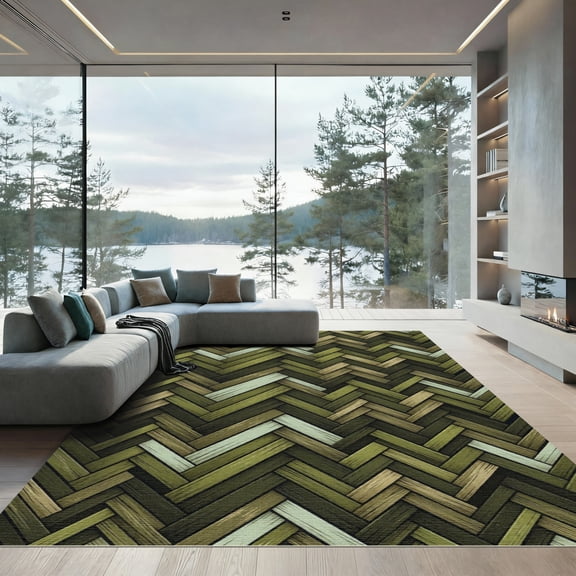 ODIKA 4'x6' Machine Washable Non-Slip Area Rug, Geometric Olive Green High Traffic Rug, Green, 1149676