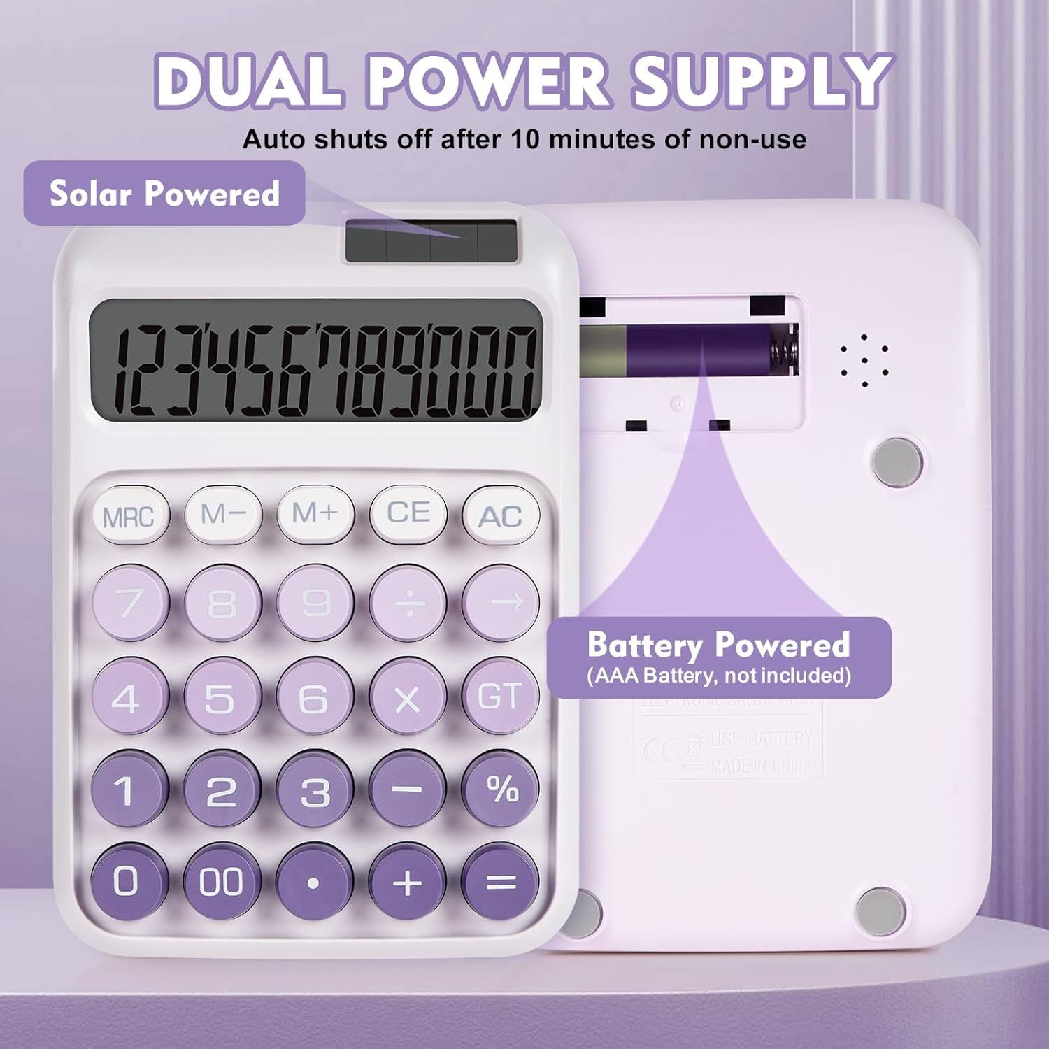 Mechanical Switch Calculator with Big Buttons, Calculators Desktop, 12 Digits, Solar Battery Power, Desk Calculator,Large LCD Display,Cute Purple for Teachers Students Basic Office