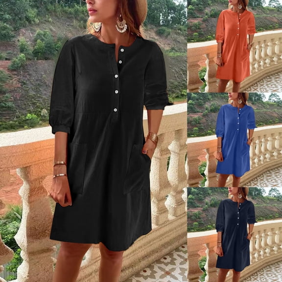 Antinious Women Short Sleeve Round Neck Solid Button Pocket Casual Dress