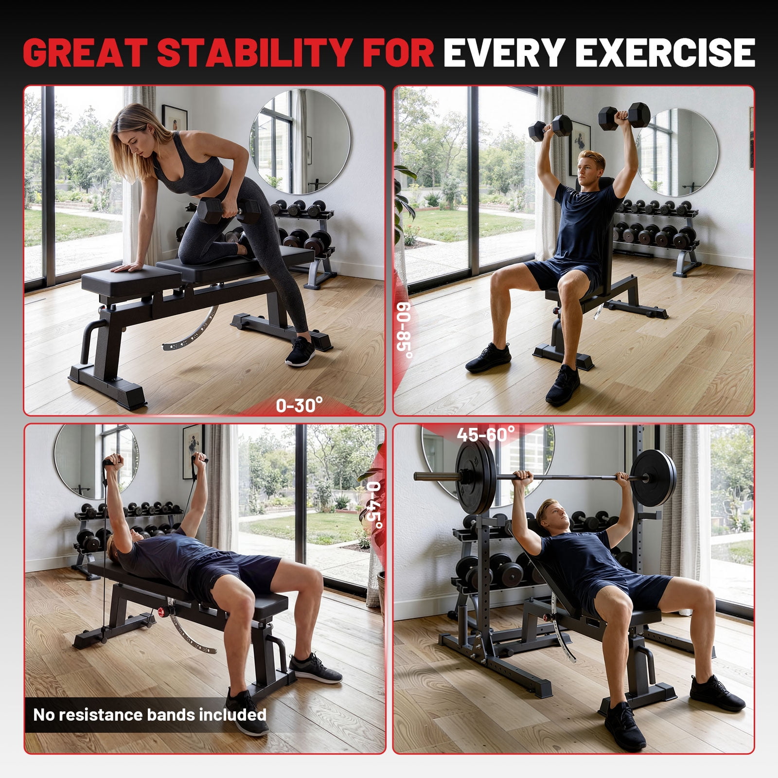ROALW Heavy-Duty Adjustable Weight Bench for Curls & Full-Body Workout, Two-Way Angle Adjust, Extended Easy-Clean Backrest, Built-In Wheels for Home Gym