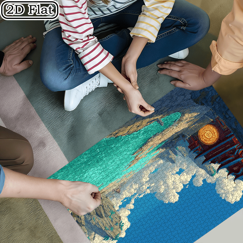A Box of (1000pcs) Puzzles, with Seaside Immortal Gate Design, High Difficulty, Suitable, Family Entertainment, Home Decoration. 29.4*19.6 in