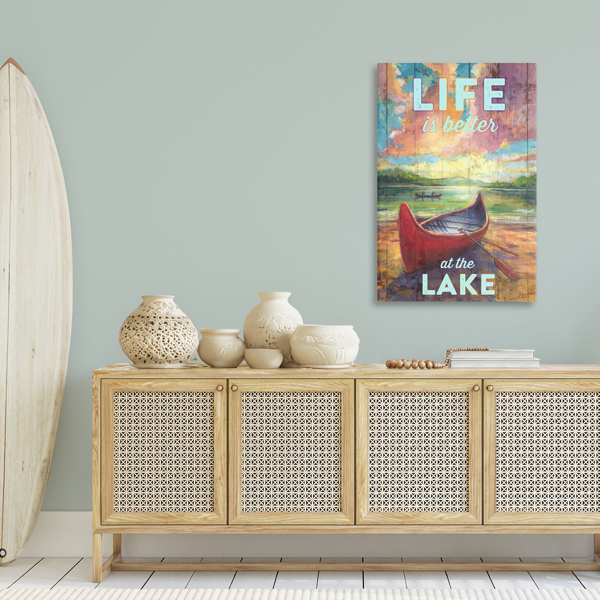 Stupell Industries Life At Lake with Canoe Transportation Painting Wrapped Canvas Art Print Wall Art, 30 x 45