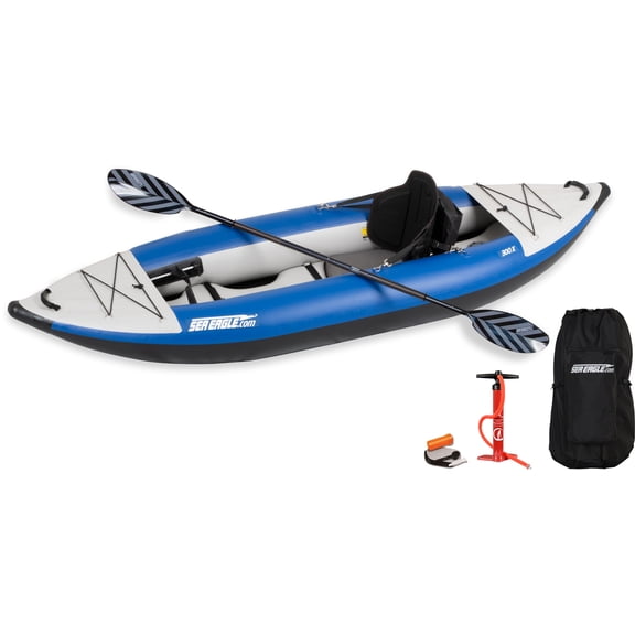Sea Eagle 300X Explorer Touring, Camping, Fishing & Whitewater Inflatable Kayak, 1 Person, Lightweight, Self-Bailing, High Pressure Drop Stitch Floor -W/Paddle, Seat, SUP Pump, Skeg - Pro Package
