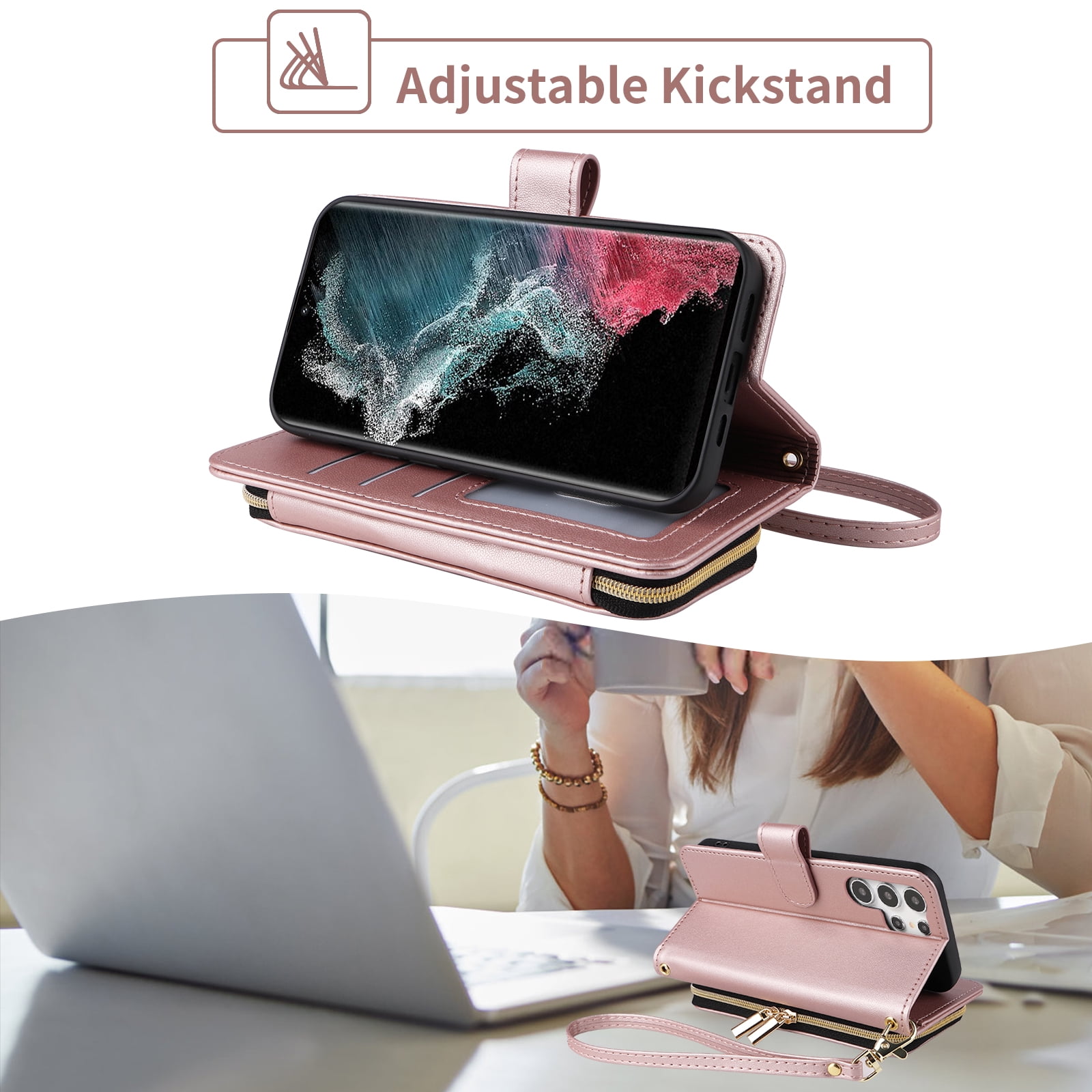 Furiet Wallet Case for Samsung Galaxy S23 Ultra 5G with Wrist Strap Shoulder Strap, Card Slots Zipper Purse, Luxury PU Leather Stand Phone Cover for S23Ultra 23S S 23 23Ultra 6.8 inch Women Rose Gold