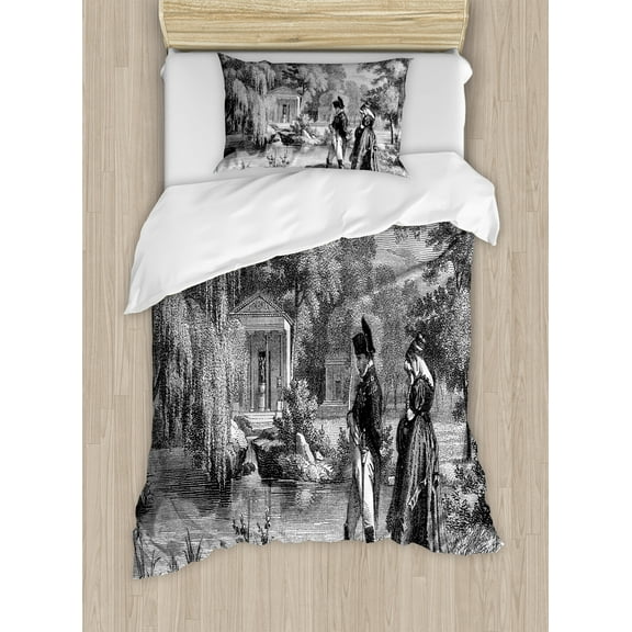 Vintage Duvet Cover Set, Historical French Revolution Sketch with Napoleon and Woman in Garden Art, Decorative 2 Piece Bedding Set with 1 Pillow Shams, Twin Size, Dark Grey Black, by Ambesonne