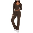 thumbnail image 1 of Conjunto de 2 piezas de manga larga para mujer: top con cuello en V y pantalones anchos, poliéster y spandex, tallas S-XL, 1 of 5