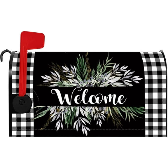 Floral Wreath Buffalo Plaid Mailbox Covers Spring Leaves Welcome Mail Box Covers Magnetic White Black Plaid Post Case Covers Outdoor Garden Decorations Standard Size 18x21 Inches