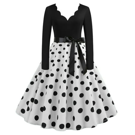 

asdoklhq Maternity Dress Women s V-Neck Retro Print Polka-Dot Long-Sleeved Casual Bow Tie Stitching Large Swing Dress