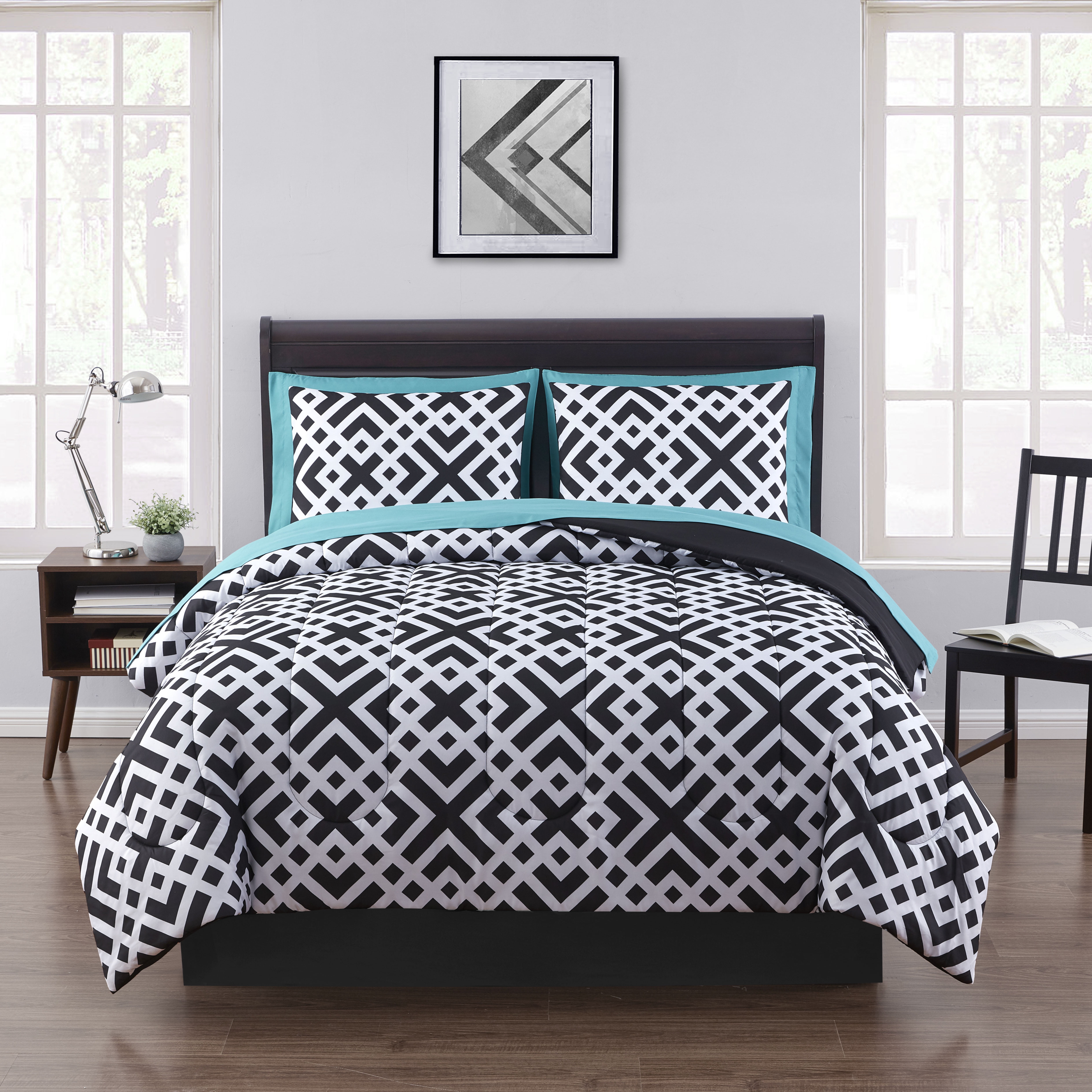 8 Piece Queen Size Bed in a Bag Set Black and White Fitted Flat Sheet Pillowcase for sale online 