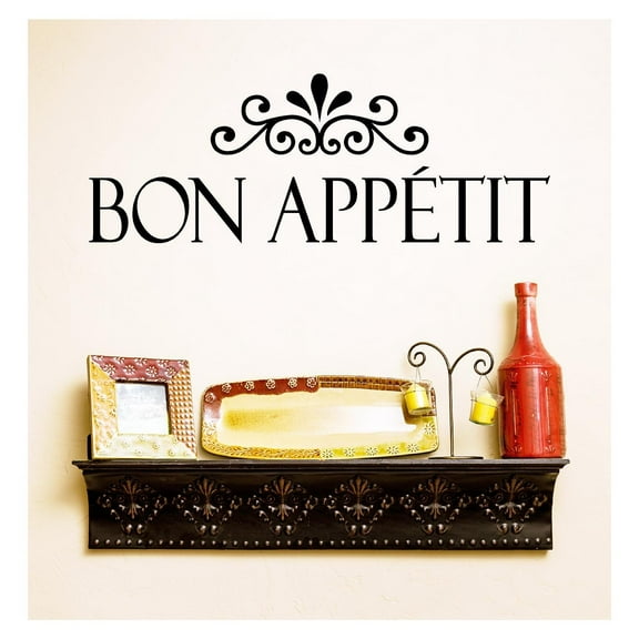 Bon Appetit Vinyl Lettering Wall Decal Kitchen Decor Sticker Decals - Size: 10"H x 27"L - Color: Black