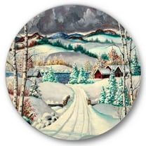 Designart 'Snowy Road In Countryside Winter Landscape' Traditional Circle Metal Wall Art 29x29 - Disc of 29