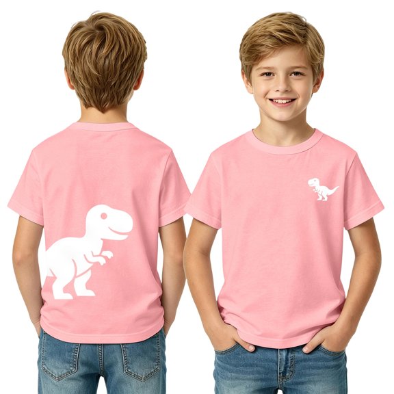Boys Dinosaur Print Short Sleeve T-Shirt, Front Mini T-Rex and Back Big Dino Graphic Crewneck Tee, Soft Casual Everyday Top for Kids School Outdoor Wear(Pink,4-5 Years)