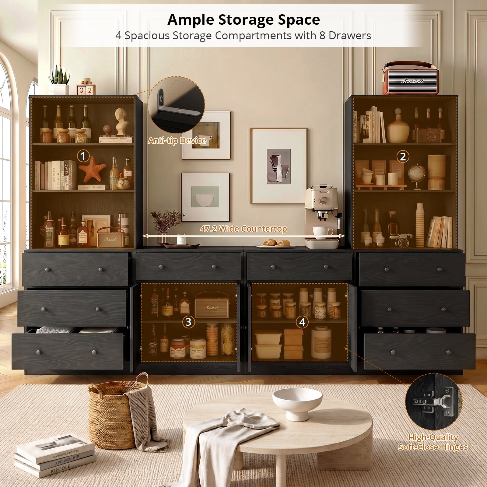 RichYa Kitchen Pantry Storage Cabinets,94.4''W Modular Furniture Cabinets with Hutch,Sideboard Buffet Cabinet with Doors and Shelves for Dining Room,Living Room,Black
