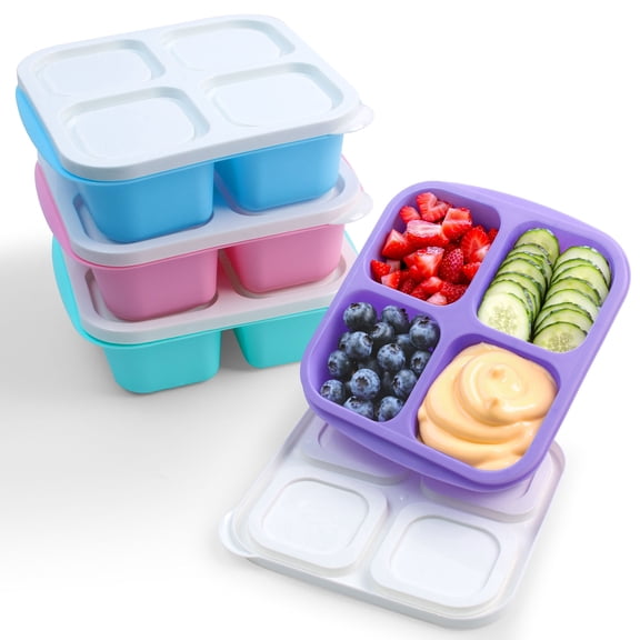 TICKJOY 4 Pack Bento Snack Containers, Reusable 4 Compartment Snack Containers for Kids & Adults, Divided Lunchable Food Storage Containers, Microwave Dishwasher Freezer Safe