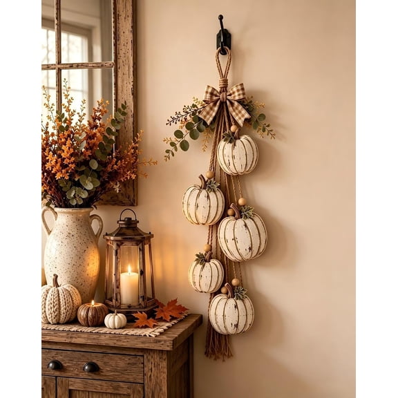 Clearance!Rustic Wooden Pumpkin Door Hanger Fall Decor, Front Door Wreath Sign, Thanksgiving Decorations for Home Porch | 5-Pumpkin, Sunflower, Acorn Autumn Wall Decor (Five White Pumpkin, no Light)