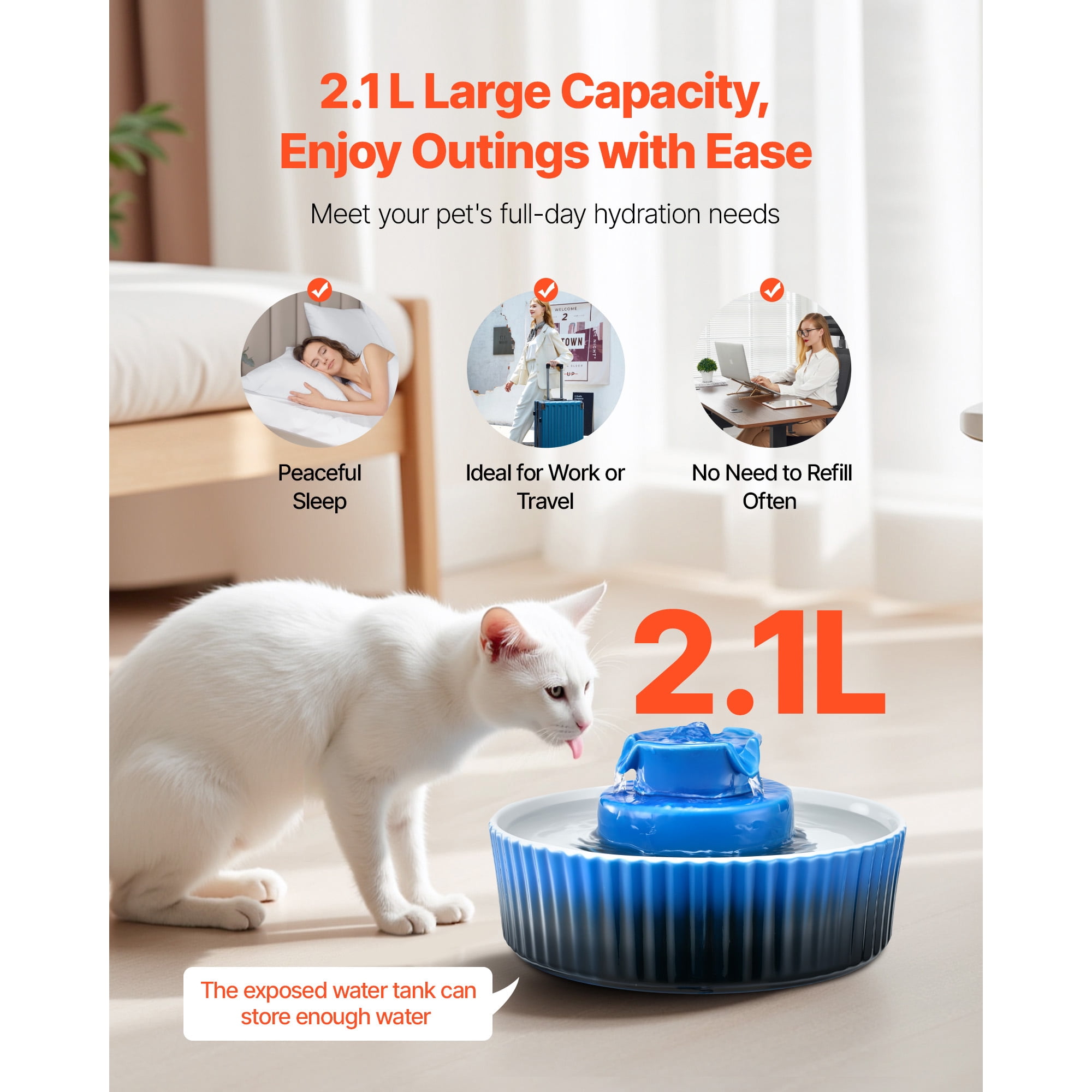 KFFKFF Ceramic Cat Water Fountain, 2.1L/71oz Porcelain Pet Fountain with Quiet Pump, 360° Access and Multi-Layer Filtration, Suitable for Cats and Dogs (Blue)
