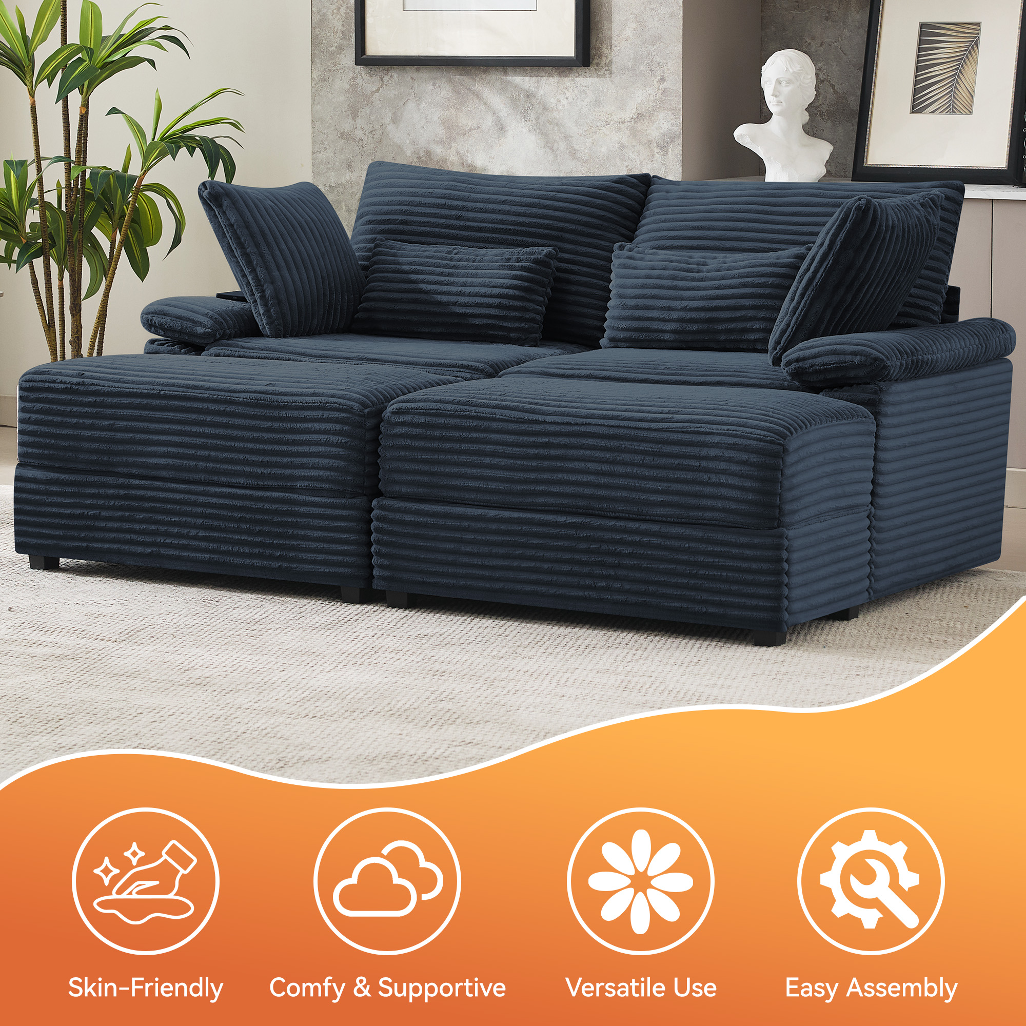 Corduroy Upholstered Sofa for Living Room,Modern Deep Seat Comfy Loveseat Couch with 2 Ottomans,Blue