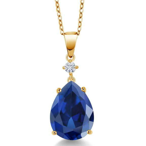 Gem Stone King 18K Yellow Gold Plated Silver Blue Simulated Sapphire and White Moissanite Pendant Necklace for Women (10.30 Cttw, Pear Shape 16X12MM, Gemstone, with 18 inch Chain)
