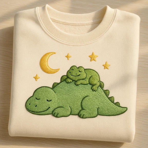 Cozy Frog and Dinosaur Embroidered Sweatshirt, Sleeping Dino Toad Hoodie, Cottagecore Aesthetic Crewneck, Kawaii Animal Gift