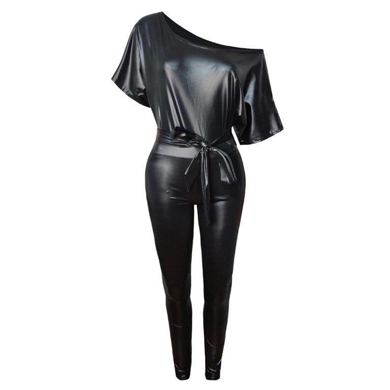 haxmnou women's stitching imitation leather bell bottoms elastic slim leather  pants black xl 