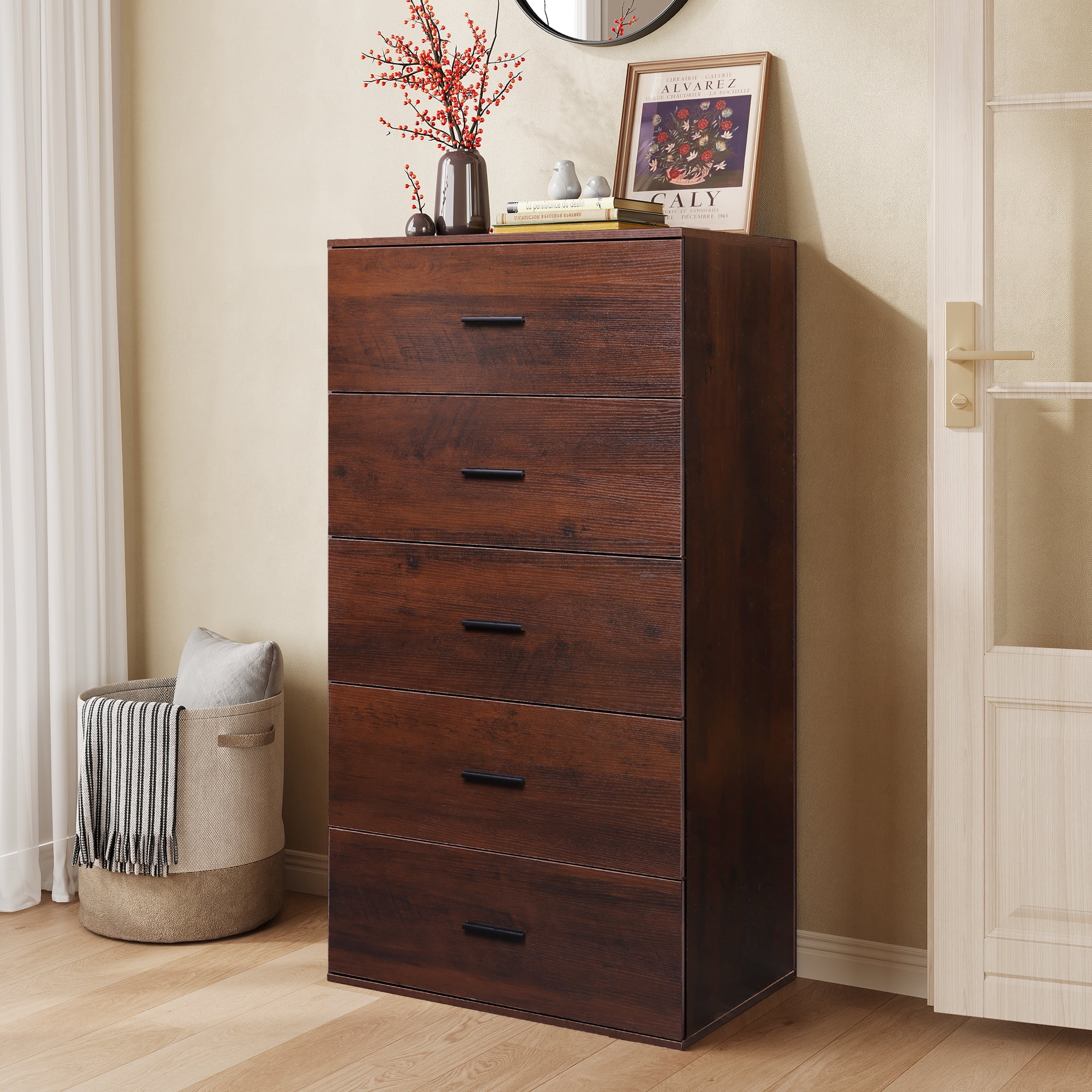 GALAXHERO 5 Drawers Dresser, Chest of Drawers for Bedroom, Tall Wood Storage Cabinet with Metal Handle for Living Room, Closet, Hallway, Brown