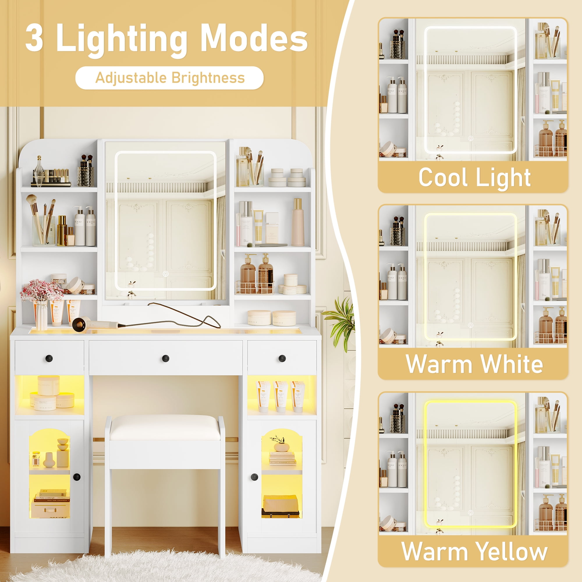 Mintazer 43.2" Vanity Desk Set with LED Mirror & RGB Glass Light Cabinets and Charging Station & 3 Drawers, Makeup Vanity Table Set with Storage Shelves & Stool for Bedroom, White