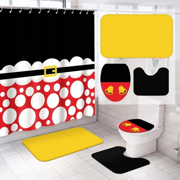 4Pcs Cartoon Mouse Character Decorative Christmas Shower Curtain Set 72 x 72 in Winter Xmas Holiday Bathroom Curtain with 12 Hooks Non Slip Rug Toilet Lid Cover Bath Mat Xmas Decor