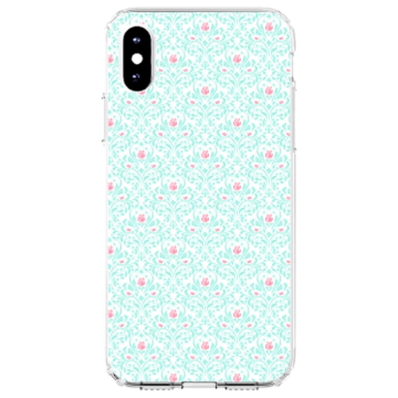 DistinctInk Clear Shockproof Hybrid Case for iPhone XS Max (6.5" Screen) - TPU Bumper, Acrylic Back, Tempered Glass Screen Protector - Teal & Pink Rose Pattern