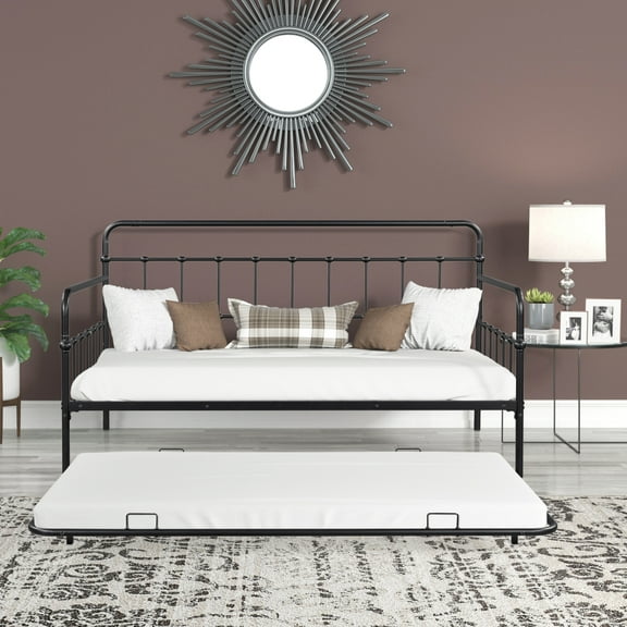 Twin Daybed with Pull-out Trundle, Metal Bed Frame with Twin Size Trundle Bed, Heavy-Duty Steel Daybed for Bedroom, Living Room