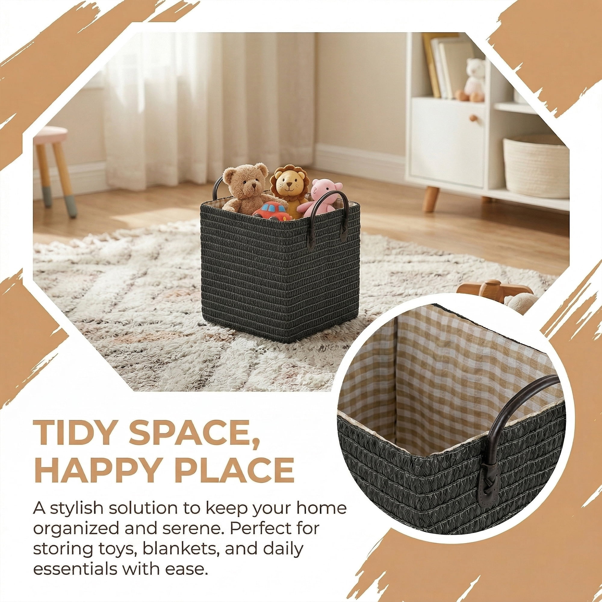 Unique Bargains Compactable Woven Storage Basket Storage Bin Black 11.8*9.1*11.4in