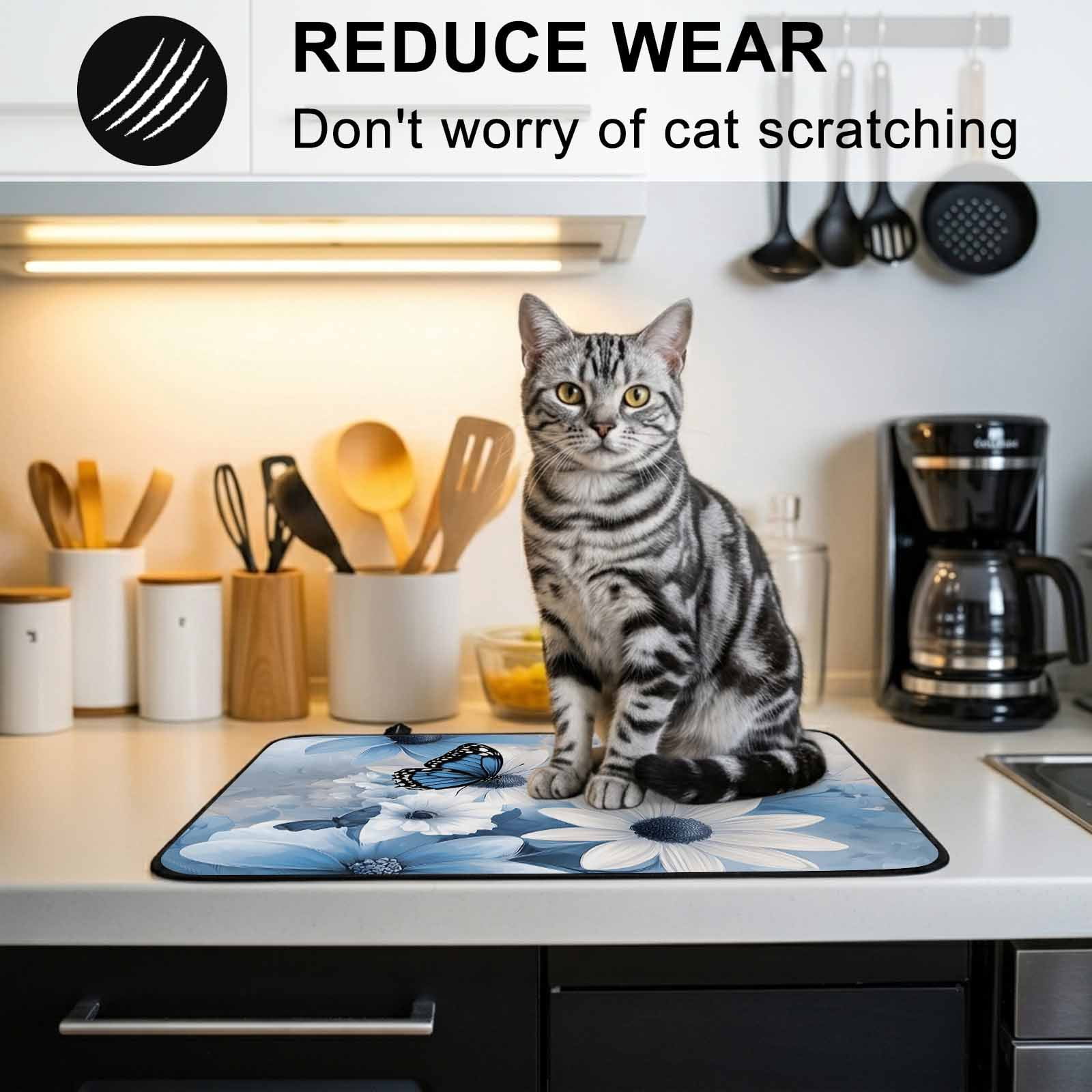 Blue White Floral Stove Top Cover for Electric Stove, Heat-proof & Non Slip Glass Top Stove Cover Protector, Elegant Rustic Butterfly Botanical Kitchen Flat Cooktop Rubber Mat 24x21 Inches