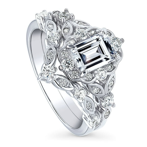 BERRICLE Sterling Silver Halo Wedding Engagement Rings Step Emerald Cut Cubic Zirconia CZ Wishbone Ring Set for Women, Rhodium Plated Size 6.5