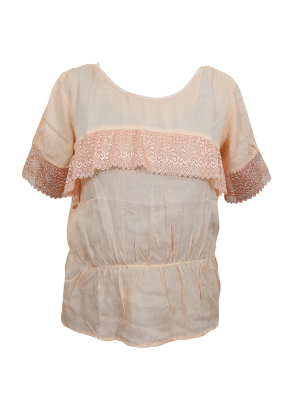 Mogul Womens Solid Blouse Top Peach Lace Work Short Sleeves Rayon Boho Chic Tops