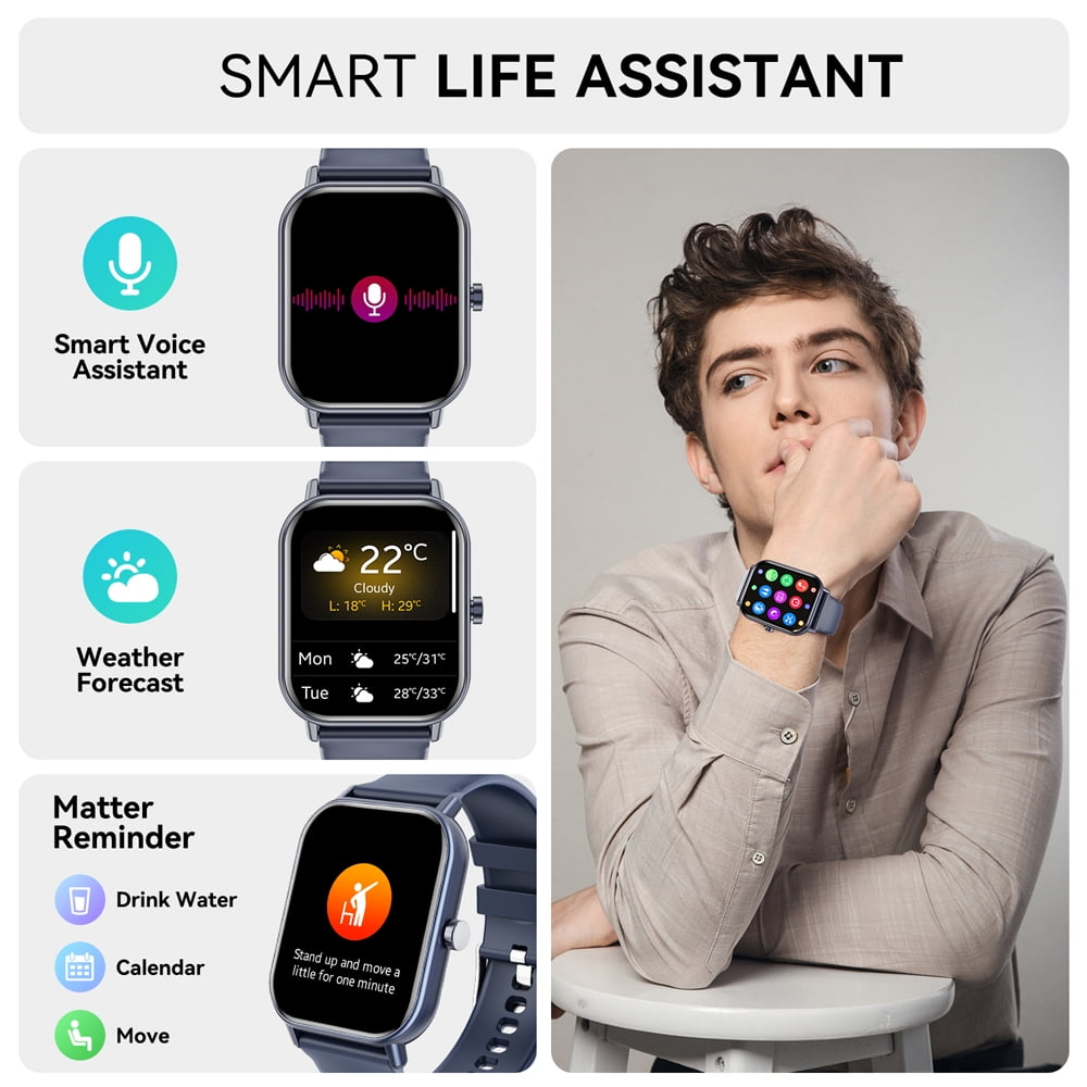 Mingdaln smartwatch for Android and Iphone Devices，1.85 Inches with Answer/Make Calls/100+ sport mode/IP68 Waterproof, with Activity Fitness Tracker for men and women (Blue)