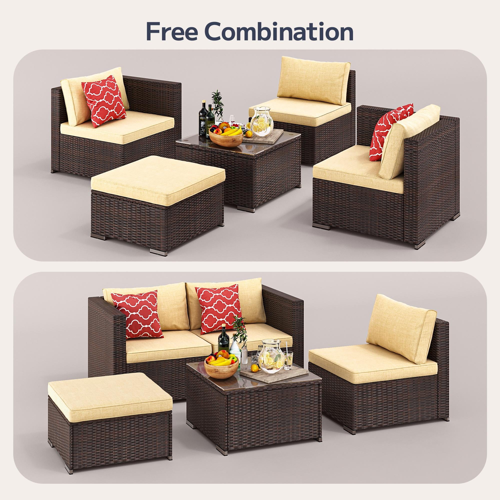 Asofer 5 Pieces Patio Furniture Set, Outdoor Conversation Sectionals, Wicker Chairs Sofa with Cushion and Glass Table,Beige