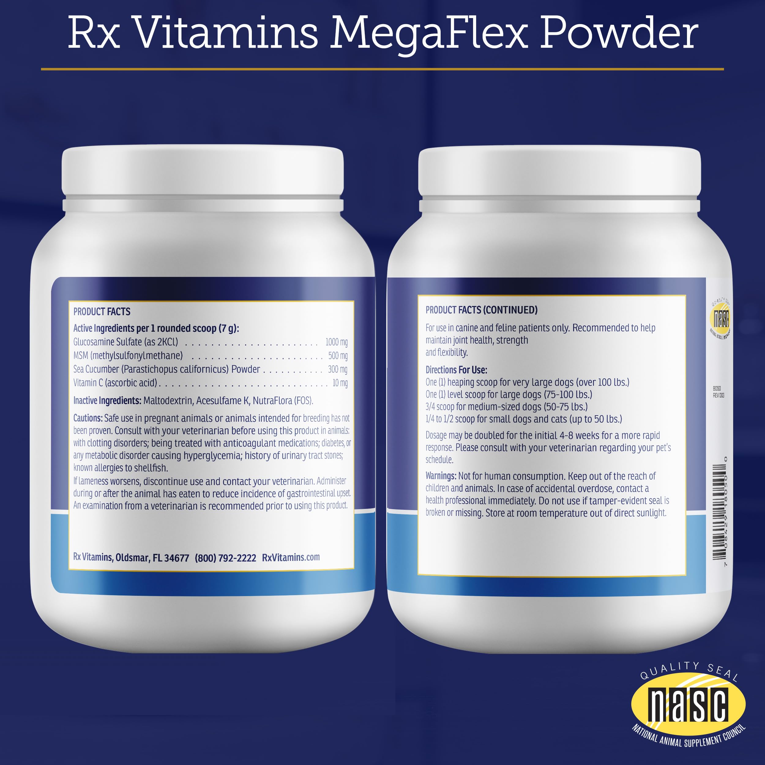 Rx Vitamins MegaFlex - Glucosamine Sulfate with MSM - Cat & Dog Hip and Joint Supplement - Contains Vitamin C and Sea Cucumber - Supports Joint Health and Flexibility - 600g
