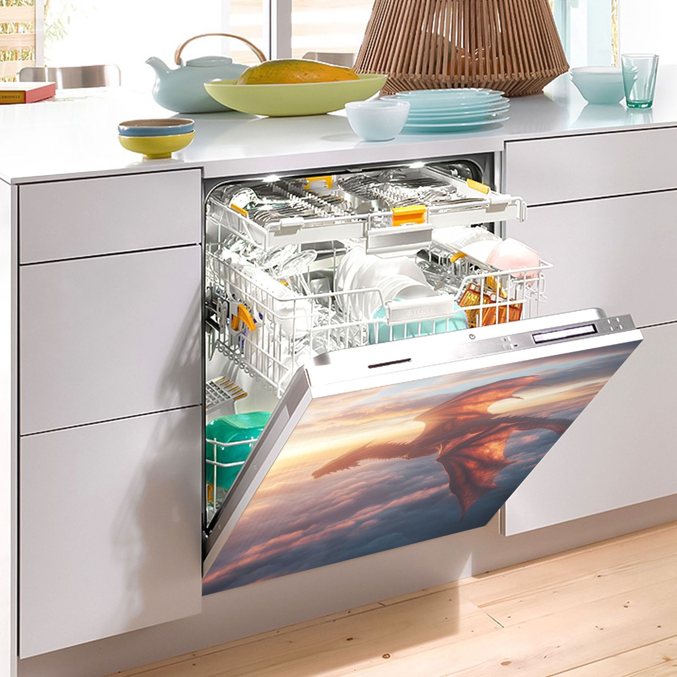 Dishwasher Magnetic Sticker 23x26 Inch Refrigerator Magnetic Sticker Washing Machine Magnetic Sticker Kitchen Panel Magnetic Sticker Home Decor Flying Dragon in The Sky