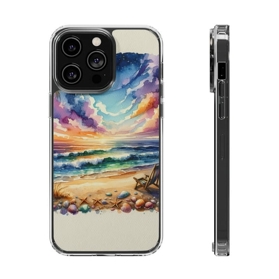 DistinctInk Hybrid (Acrylic / TPU) Clear Slim Fit Case for Apple iPhone 13 Pro (6.1" Screen) - "Tranquil Sunset Beach with Palm Tree"