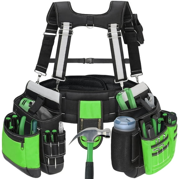 Tool Belt with Suspenders for Men, Heavy Duty Construction Tool Belt with 32 Pockets, 1680D Material, Reflective Strips for Safety, HVAC Toolbelt for Men