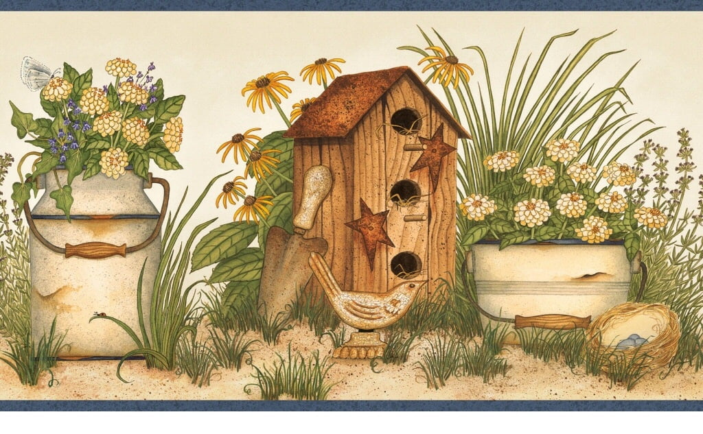 878404 Buckets of Blooms Birdhouses Wallpaper Border AAI08052b