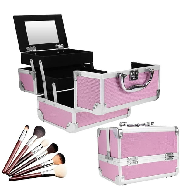 Neceser Reforzada Cosmetiquera Profesional Grande 32 Cm Metalica Organizador de Maquillaje Maletin Rigido Caja De Viaje Guarda Cosmeticos Organizador De Maquillaje (Rosa)